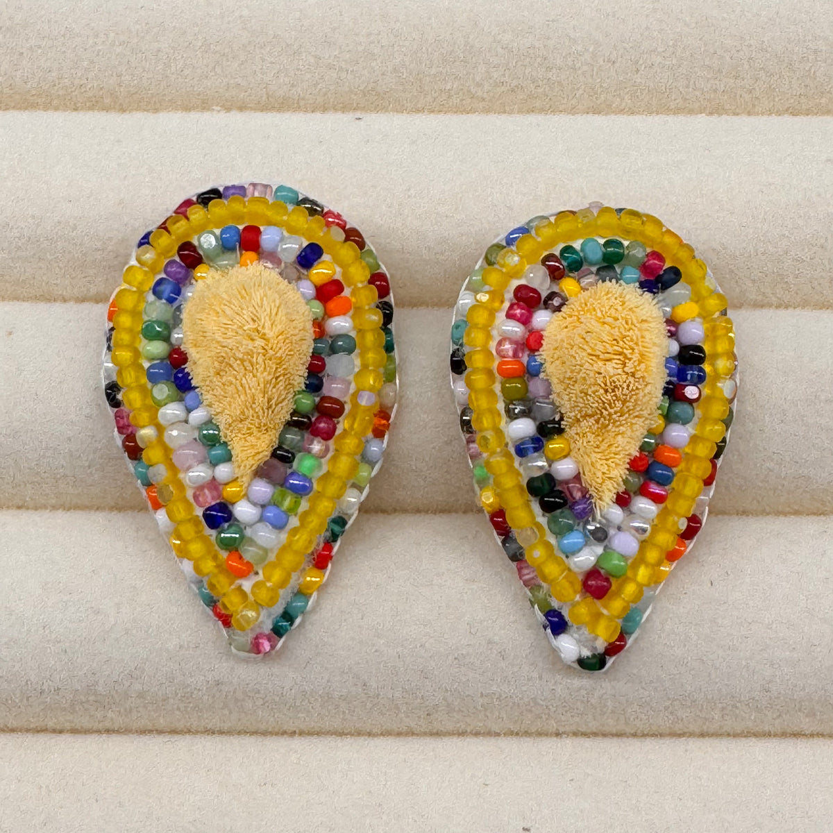 Yellow Tufted Tear Drop Bead Soup Studs