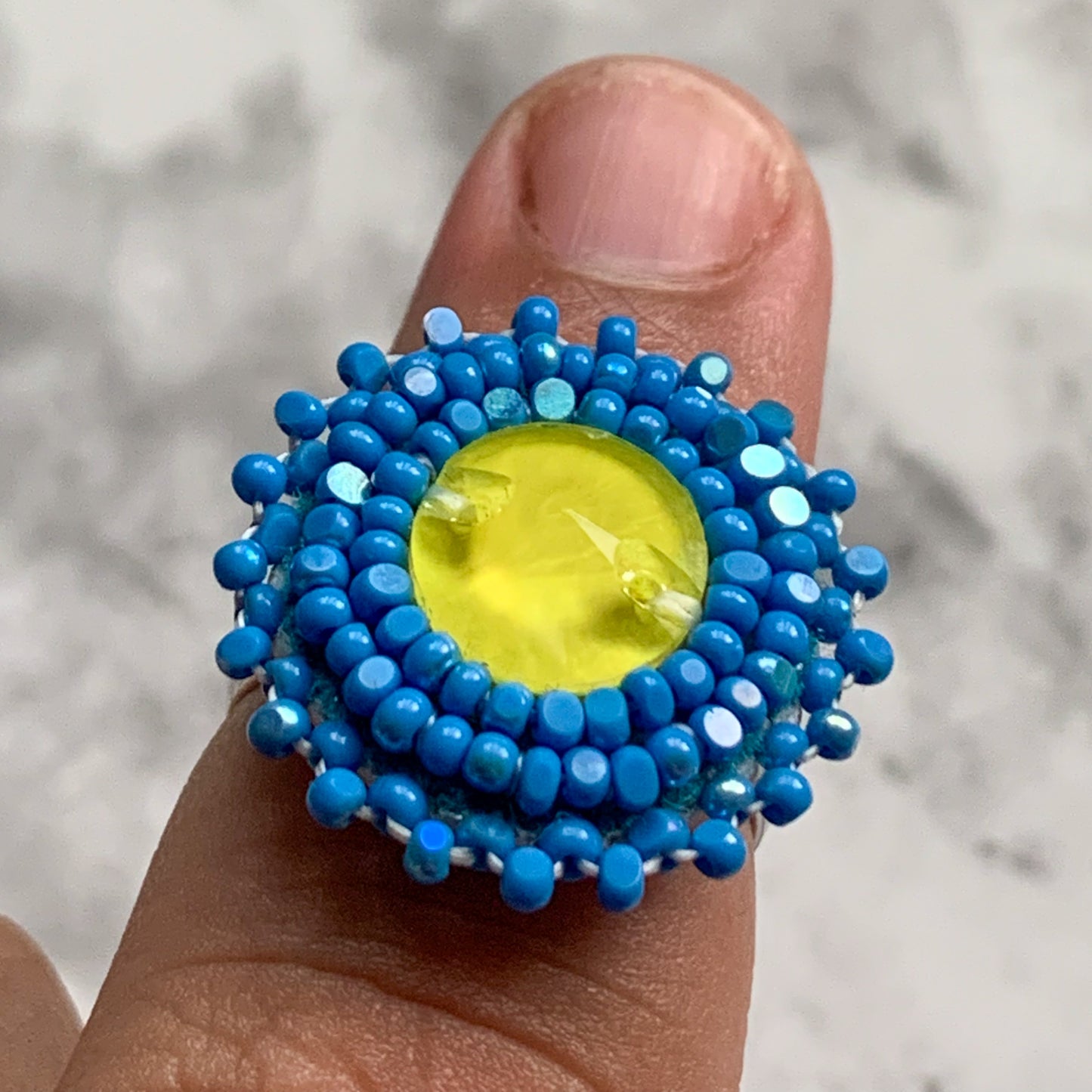 Blue & Yellow Adjustable Silver Ring