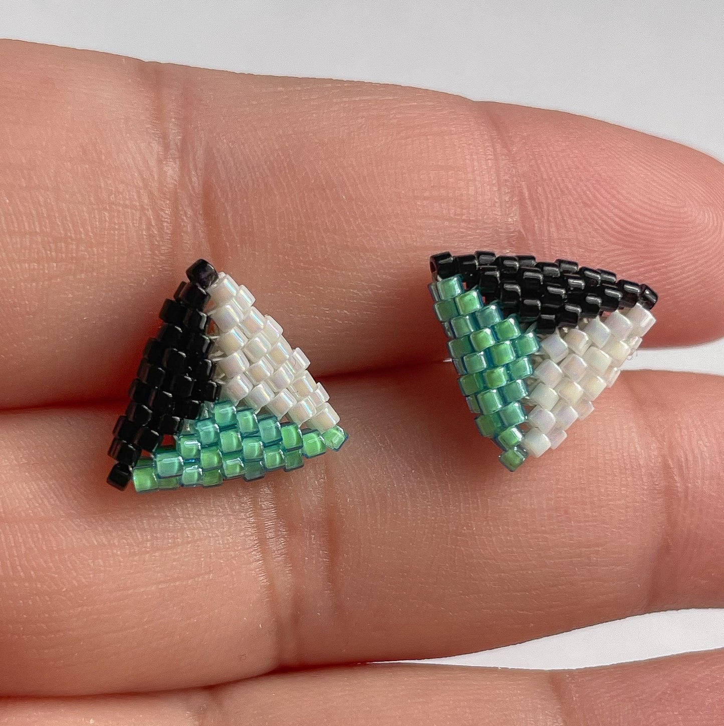 Green, Black & White- Peyote Stitch Triangle Studs