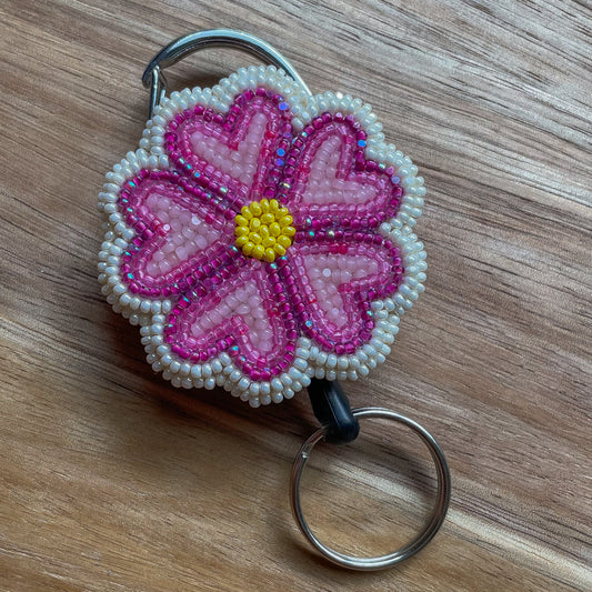 Pink Flower Badge Reel - Retractable Clip & Key Ring