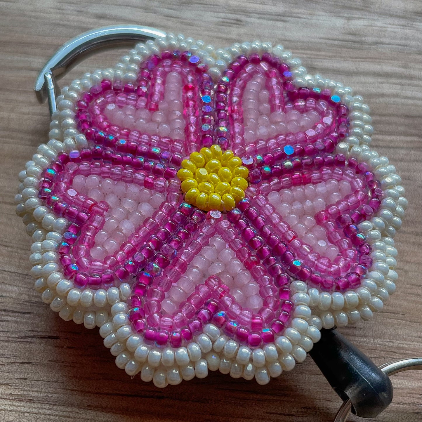Pink Flower Badge Reel - Retractable Clip & Key Ring